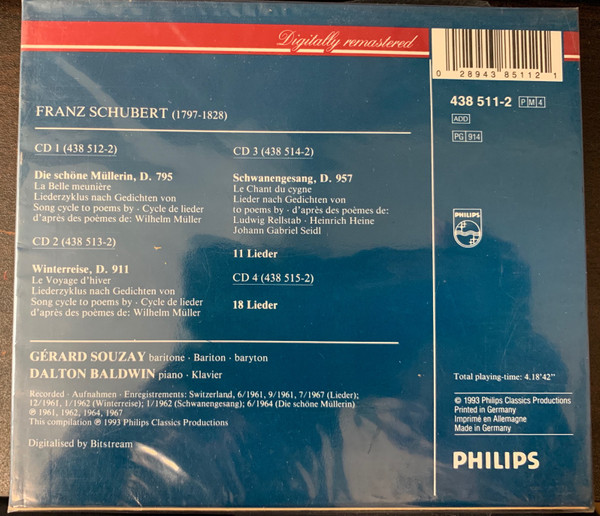 Franz Schubert - Gérard Souzay, Dalton Baldwin - Die Schöne Müllerin; Winterreise; Schwanengesang; 29 Lieder (4xCD, RM + Box, Comp, Sli) (Near Mint (NM or M-)) - Image 2