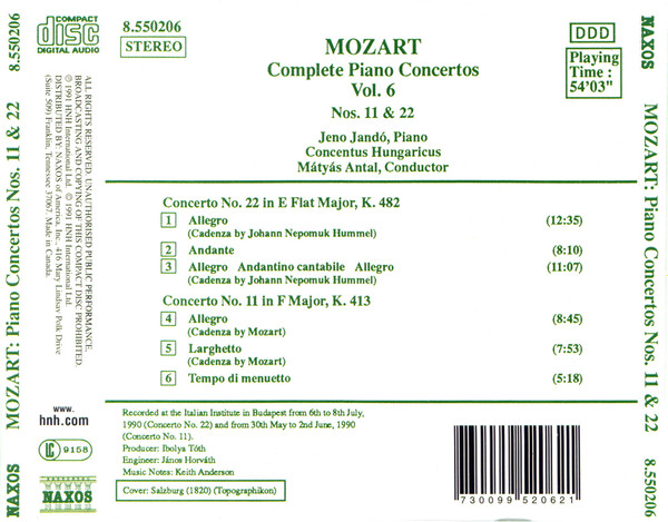 Wolfgang Amadeus Mozart / Jenö Jandó, Concentus Hungaricus, Mátyás Antal - Complete Piano Concertos Vol. 6 - No. 11, K. 413, No. 22, K. 482 (CD, RE) (Near Mint (NM or M-)) - Image 2