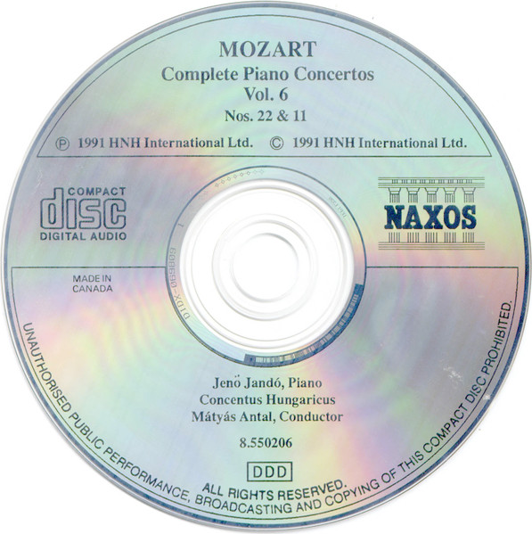 Wolfgang Amadeus Mozart / Jenö Jandó, Concentus Hungaricus, Mátyás Antal - Complete Piano Concertos Vol. 6 - No. 11, K. 413, No. 22, K. 482 (CD, RE) (Near Mint (NM or M-)) - Image 3