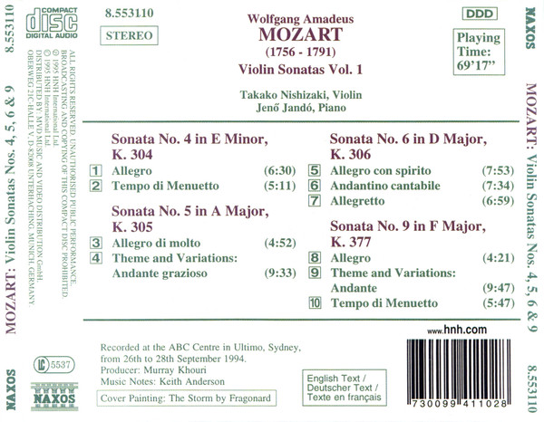 Wolfgang Amadeus Mozart, Takako Nishizaki, Jenö Jandó - Violin Sonatas Vol. 1 (K. 304 - 306 • K. 377) (CD, Album, RE) (Near Mint (NM or M-)) - Image 2