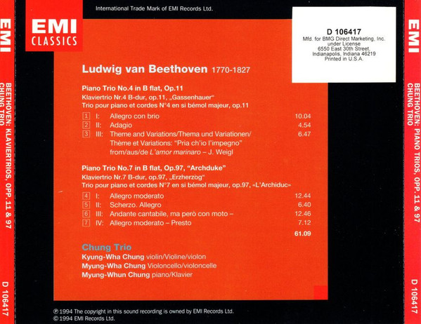 Ludwig van Beethoven - Chung Trio - Klaviertrios = Piano Trios = Trios Avec Piano No. 4 & No. 7 "Erzherzog" = "Archduke" = "L'Archiduc" (CD, Club) (Near Mint (NM or M-)) - Image 2