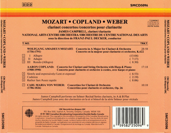 Wolfgang Amadeus Mozart · Aaron Copland · Carl Maria von Weber, James Campbell (6), National Arts Centre Orchestra, Franz-Paul Decker - Clarinet Concertos/Concertos Pour Clarinette (CD, Album) (Near Mint (NM or M-)) - Image 2