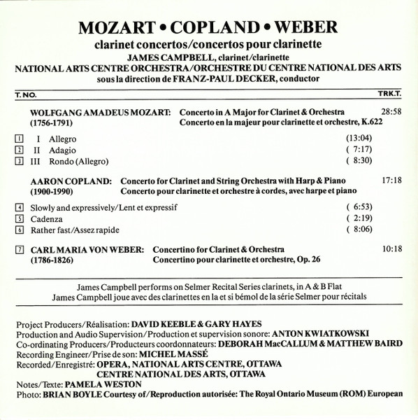 Wolfgang Amadeus Mozart · Aaron Copland · Carl Maria von Weber, James Campbell (6), National Arts Centre Orchestra, Franz-Paul Decker - Clarinet Concertos/Concertos Pour Clarinette (CD, Album) (Near Mint (NM or M-)) - Image 4