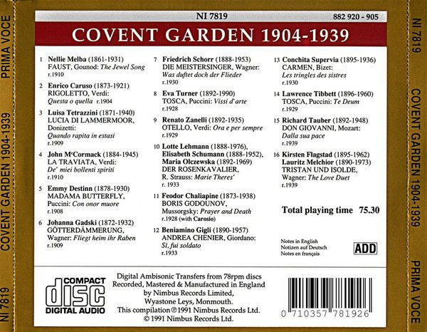 Various - Royal Opera House Covent Garden 1904-1939 (CD, Comp, RM) (Near Mint (NM or M-)) - Image 2