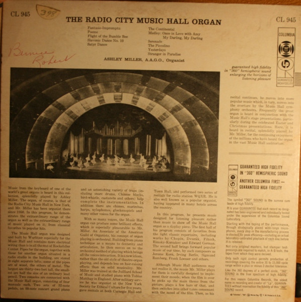 Ashley Miller - The Radio City Music Hall Organ (LP, Album) (Mint (M)) - Image 2