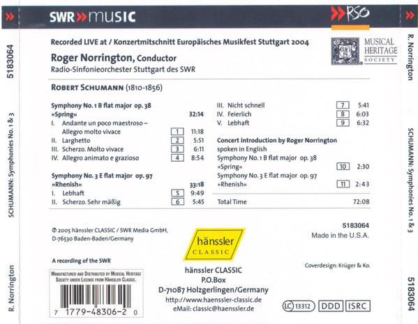 Robert Schumann - Roger Norrington, Radio-Sinfonieorchester Stuttgart - Symphonies No. 1 »Spring« & No. 3 »Rhenish« (CD, RE) (Mint (M)) - Image 2
