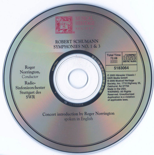 Robert Schumann - Roger Norrington, Radio-Sinfonieorchester Stuttgart - Symphonies No. 1 »Spring« & No. 3 »Rhenish« (CD, RE) (Mint (M)) - Image 3