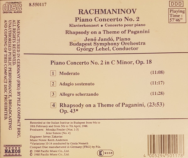 Sergei Vasilyevich Rachmaninoff - Jenö Jandó - Budapest Symphony Orchestra - György Lehel - Piano Concerto No. 2 • Rhapsody On A Theme Of Paganini (CD, Album) (Near Mint (NM or M-)) - Image 2