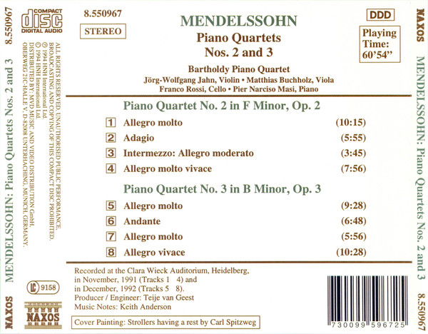 Felix Mendelssohn-Bartholdy, Bartholdy Piano Quartet - Piano Quartets Nos.2 And 3 (CD) (Near Mint (NM or M-)) - Image 2