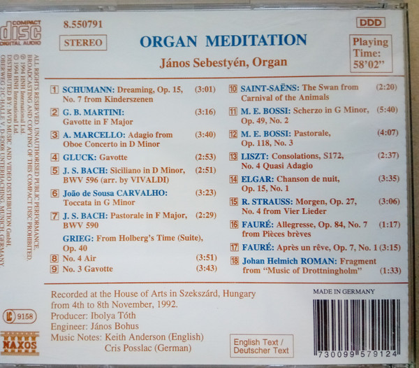 Edvard Grieg • Camille Saint-Saëns • Gabriel Fauré • Robert Schumann • Johann Sebastian Bach • Sir Edward Elgar • János Sebestyén - Organ Meditation (CD) (Near Mint (NM or M-)) - Image 2