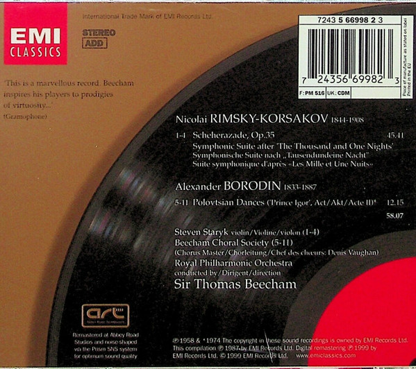 Nikolai Rimsky-Korsakov, Alexander Borodin - Royal Philharmonic Orchestra, Sir Thomas Beecham - Scheherazade / Polovtsian Dances ('Prince Igor') (CD, Comp, RE, RM) (Near Mint (NM or M-)) - Image 2