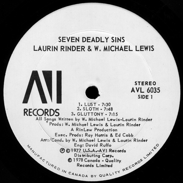 Rinder & Lewis - Seven Deadly Sins (LP, Album) (Mint (M)) - Image 3