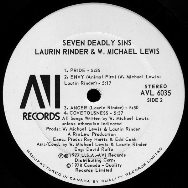 Rinder & Lewis - Seven Deadly Sins (LP, Album) (Mint (M)) - Image 4