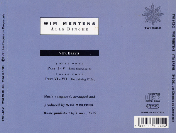 Wim Mertens - Vita Brevis (2xCD, Album) (Near Mint (NM or M-)) - Image 2