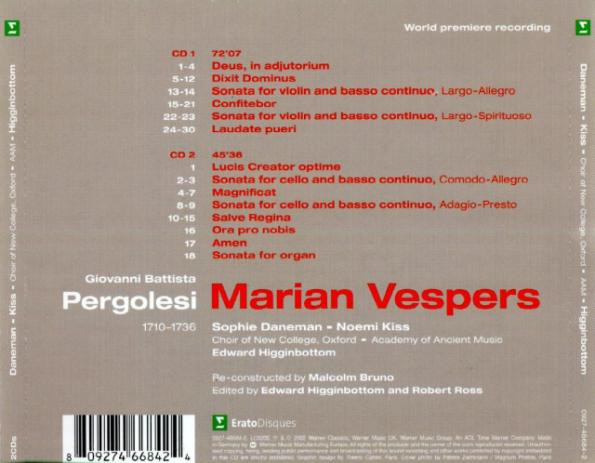 Giovanni Battista Pergolesi : Sophie Daneman, Noémi Kiss, The New College Oxford Choir, The Academy Of Ancient Music, Edward Higginbottom - Marian Vespers (2xCD) (Near Mint (NM or M-)) - Image 2