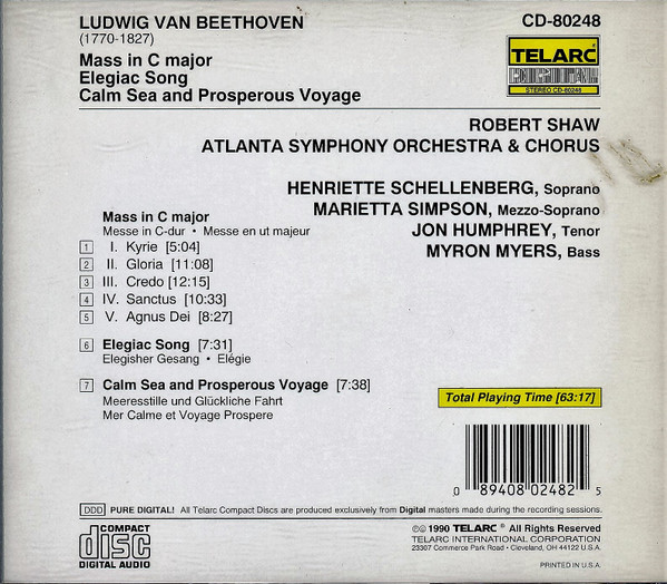 Ludwig van Beethoven : Robert Shaw, Atlanta Symphony Orchestra & Atlanta Symphony Chorus - Mass In C / Elegiac Song / Calm Sea And Prosperous Voyage (CD) (Near Mint (NM or M-)) - Image 2