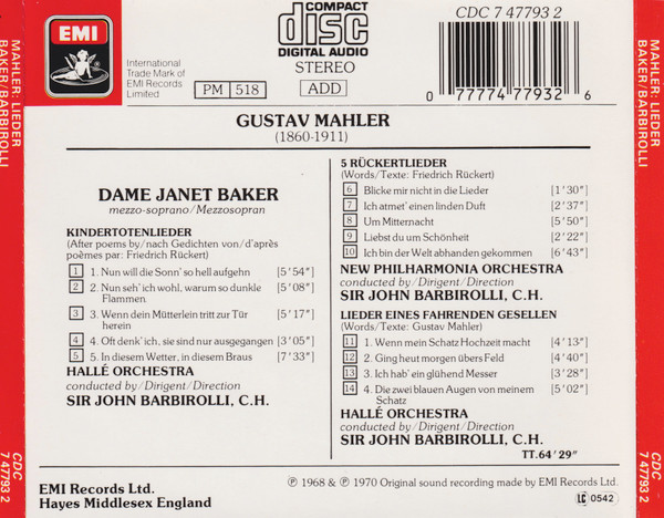 Gustav Mahler, Janet Baker / Hallé Orchestra / Sir John Barbirolli - Dame Janet Baker - Mahler :Lieder Eines Fahrenden Gesellen - Kindertotenlieder - Rückert Lieder (CD, Comp) (Near Mint (NM or M-)) - Image 2