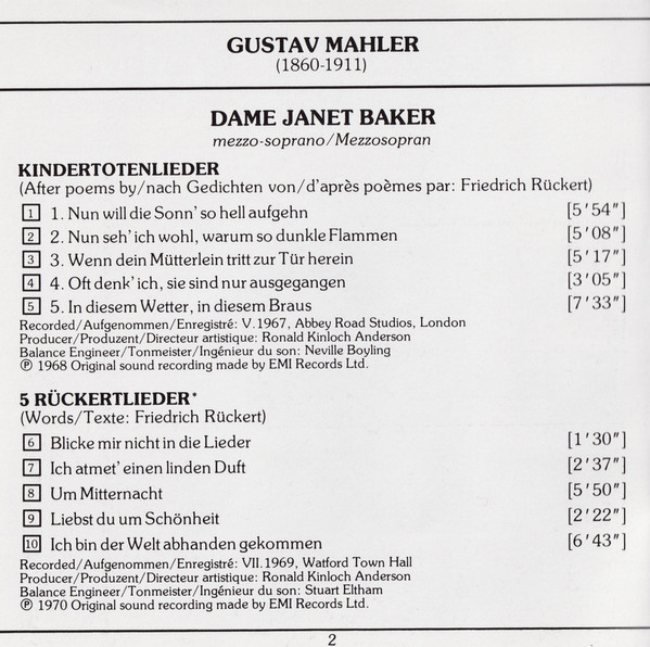 Gustav Mahler, Janet Baker / Hallé Orchestra / Sir John Barbirolli - Dame Janet Baker - Mahler :Lieder Eines Fahrenden Gesellen - Kindertotenlieder - Rückert Lieder (CD, Comp) (Near Mint (NM or M-)) - Image 4