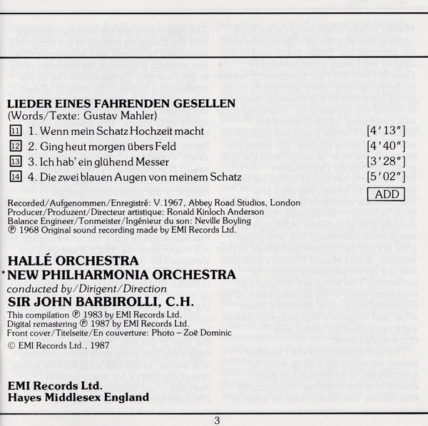 Gustav Mahler, Janet Baker / Hallé Orchestra / Sir John Barbirolli - Dame Janet Baker - Mahler :Lieder Eines Fahrenden Gesellen - Kindertotenlieder - Rückert Lieder (CD, Comp) (Near Mint (NM or M-)) - Image 5