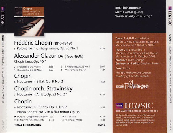 Martin Roscoe, Alexander Glazunov, Igor Stravinsky, BBC Philharmonic, Vassily Sinaisky, Frédéric Chopin - Piano Masterpieces Including Sonata No. 2 (CD, Album) (Near Mint (NM or M-)) - Image 2