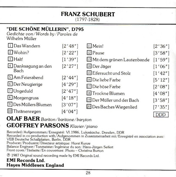 Franz Schubert - Olaf Bär, Geoffrey Parsons (2) - Die Schöne Müllerin (CD) (Near Mint (NM or M-)) - Image 2
