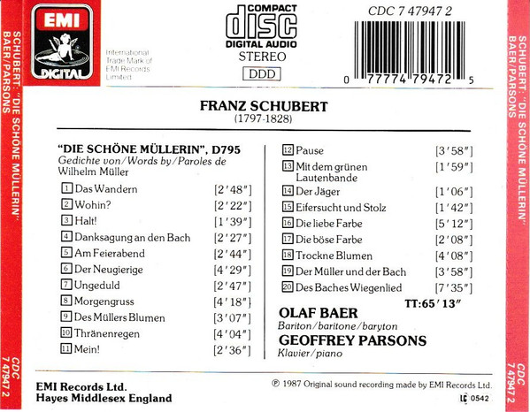 Franz Schubert - Olaf Bär, Geoffrey Parsons (2) - Die Schöne Müllerin (CD) (Near Mint (NM or M-)) - Image 5