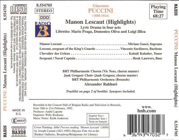 Giacomo Puccini - Miriam Gauci, Vicente Sardinero, Kałudi Kałudow, Belgian Radio And Television Choir, Jaak Gregoor Choir, Belgian Radio And Television Philharmonic Orchestra, Alexander Rahbari - Manon Lescaut (Highlights) (CD, Album) (Near Mint (NM or M-)) - Image 2