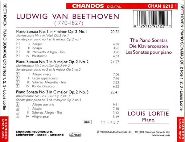 Ludwig van Beethoven, Louis Lortie - Piano Sonatas Op. 2 Nos 1, 2 & 3 (CD) (Near Mint (NM or M-)) - Image 2