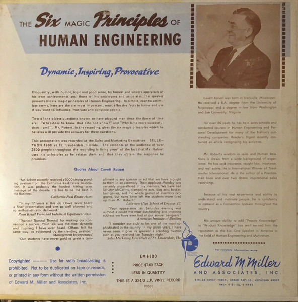 Cavett Robert - The Six Magic Principles Of Human Engineering (LP, Album) (Mint (M)) - Image 2