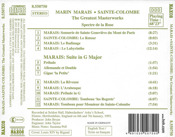 Marin Marais, Jean de Sainte-Colombe, Spectre De La Rose - The Greatest Masterworks = Les Plus Grands Chefs-D'oeuvre (CD, Album, RP) (Near Mint (NM or M-)) - Image 2