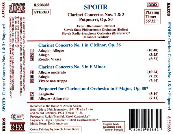Louis Spohr, Ernst Ottensamer, Slovak State Philharmonic Orchestra, Košice, Slovak Radio Symphony Orchestra, Johannes Wildner - Clarinet Concertos Nos. 1 And 3 / Potpourri, Op. 80 (CD) (Near Mint (NM or M-)) - Image 2