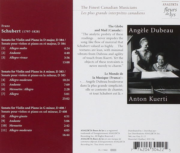 Franz Schubert, Angèle Dubeau, Anton Kuerti - Three Sonatas For Violin And Piano (CD, Album, RE) (Near Mint (NM or M-)) - Image 2