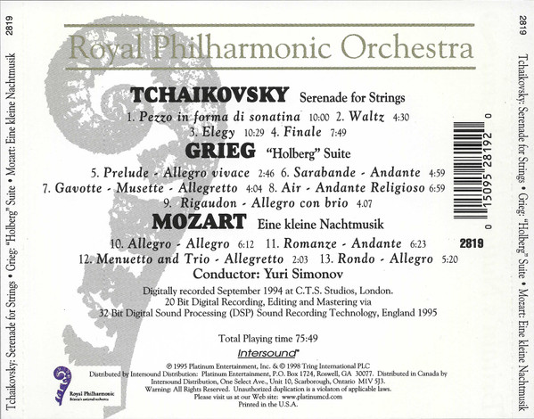 Royal Philharmonic Orchestra, Pyotr Ilyich Tchaikovsky, Edvard Grieg, Wolfgang Amadeus Mozart, Yuri Simonov - Serenade For Strings / "Holberg" Suite / Eine Kleine Nachtmusik (CD) (Near Mint (NM or M-)) - Image 2