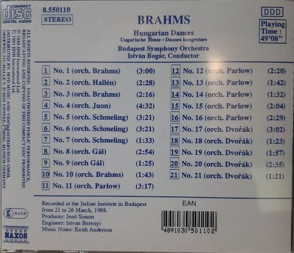 Johannes Brahms, István Bogár, Budapest Symphony Orchestra - Hungarian Dances Nos. 1 - 21 (CD, Album, RE) (Near Mint (NM or M-)) - Image 3