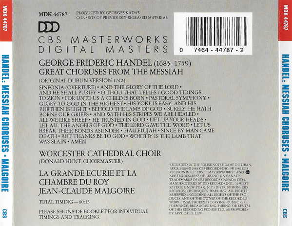 Georg Friedrich Händel, La Grande Ecurie Et La Chambre Du Roy, Jean-Claude Malgoire - Great Choruses From The Messiah (CD, Comp) (Near Mint (NM or M-)) - Image 2
