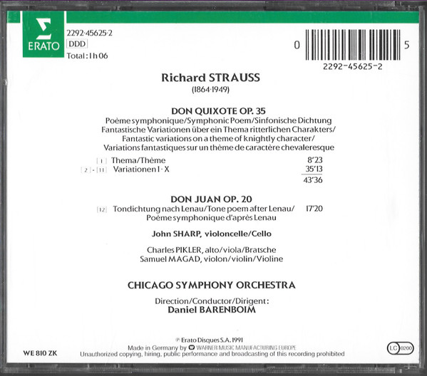 Richard Strauss / Daniel Barenboim, Chicago Symphony Orchestra - Don Juan, Op 20 / Don Quixote, Op. 35 (CD, Album) (Near Mint (NM or M-)) - Image 2