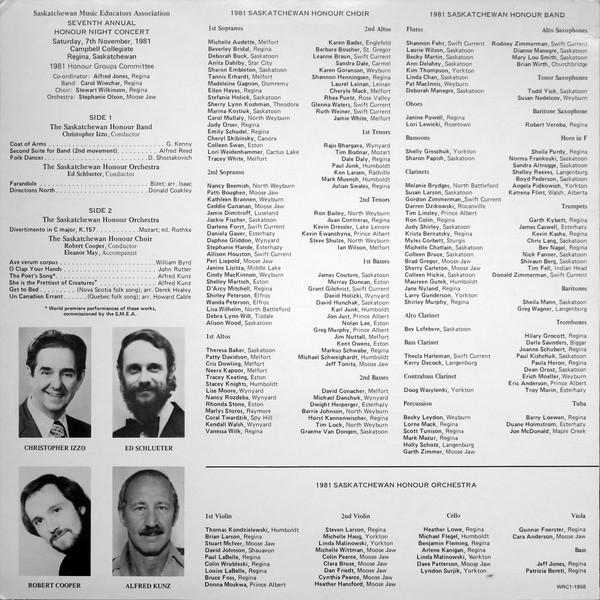 Various - Seventh Annual Honour Night Saskatchewan Music Educators Association (LP) (Mint (M)) - Image 2