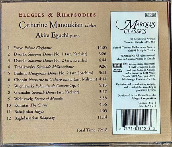 Catherine Manoukian, Akira Eguchi - Elegies & Rhapsodies (CD, Album) (Near Mint (NM or M-)) - Image 3