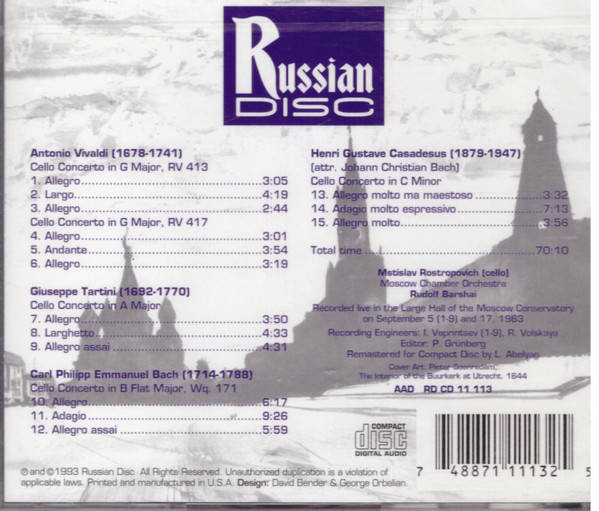 Mstislav Rostropovich - Cello Concertos By Vivaldi, Tartini, C.P.E. Bach, J.C. Bach (CD, RM) (Near Mint (NM or M-)) - Image 2