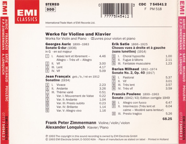 Georges Auric, Jean Françaix, Darius Milhaud, Francis Poulenc, Erik Satie - Frank Peter Zimmermann, Alexander Lonquich - Works For Violin And Piano (CD) (Near Mint (NM or M-)) - Image 2