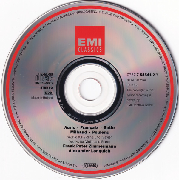 Georges Auric, Jean Françaix, Darius Milhaud, Francis Poulenc, Erik Satie - Frank Peter Zimmermann, Alexander Lonquich - Works For Violin And Piano (CD) (Near Mint (NM or M-)) - Image 3