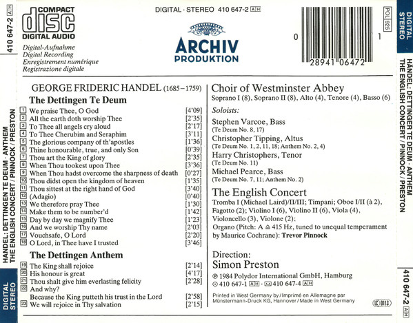 Georg Friedrich Händel – The Choir Of Westminster Abbey, The English Concert, Trevor Pinnock, Simon Preston - Dettingen Te Deum / Dettingen Anthem (CD, Album, RP, PDO) (Near Mint (NM or M-)) - Image 2