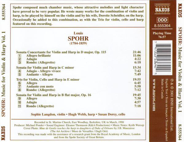Louis Spohr, Sophie Langdon, Hugh Webb - Music For Violin And Harp Vol. 1 (CD, Album) (Near Mint (NM or M-)) - Image 2