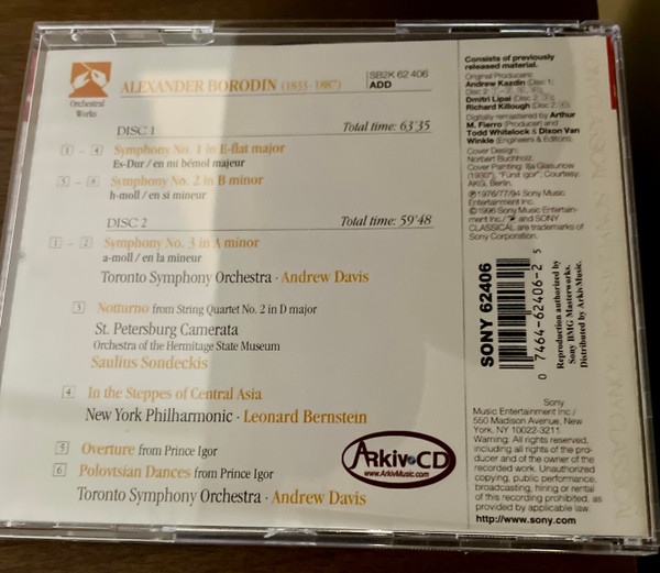 Alexander Borodin - Andrew Davis, Saulius Sondeckis, Leonard Bernstein - Symphonies Nos. 1,2, & 3 / In The Steppes Of Central Asia / Overture & Polovtsian Dances (from Prince Igor) (CDr, Comp, RE) (Near Mint (NM or M-)) - Image 3