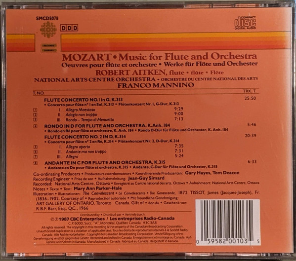 Wolfgang Amadeus Mozart, Robert Aitken (2), Franco Mannino, National Arts Centre Orchestra - Mozart, Music For Flute And Orchestra (CD, Album) (Near Mint (NM or M-)) - Image 3
