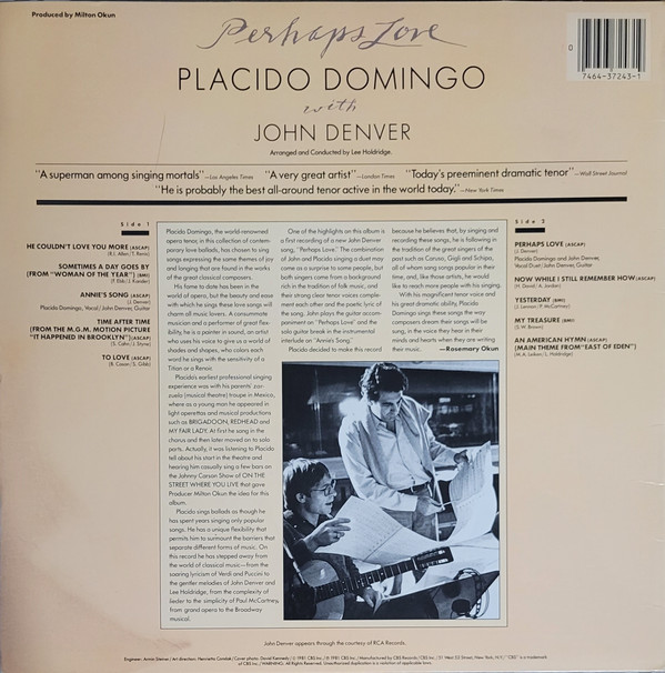 Placido Domingo With John Denver - Perhaps Love (LP, Album, Car) (Mint (M)) - Image 2