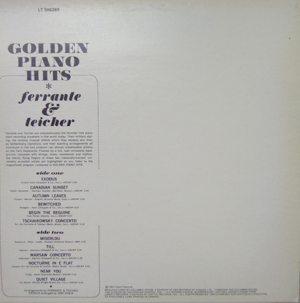 Ferrante & Teicher - Golden Piano Hits (LP, Club, RE) (Mint (M)) - Image 2