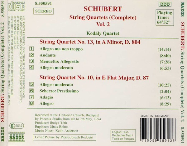Franz Schubert, Kodály Quartet - String Quartets (Complete) Vol. 2 (CD, Album) (Near Mint (NM or M-)) - Image 2