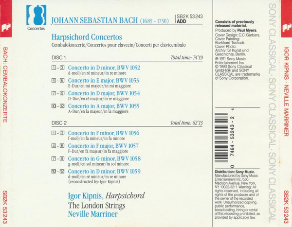 Johann Sebastian Bach, Igor Kipnis, London String Players, Sir Neville Marriner - Harpsichord Concertos = Cembalokonzerte = Concertos Pour Clavecin (2xCD, RE) (Mint (M)) - Image 2