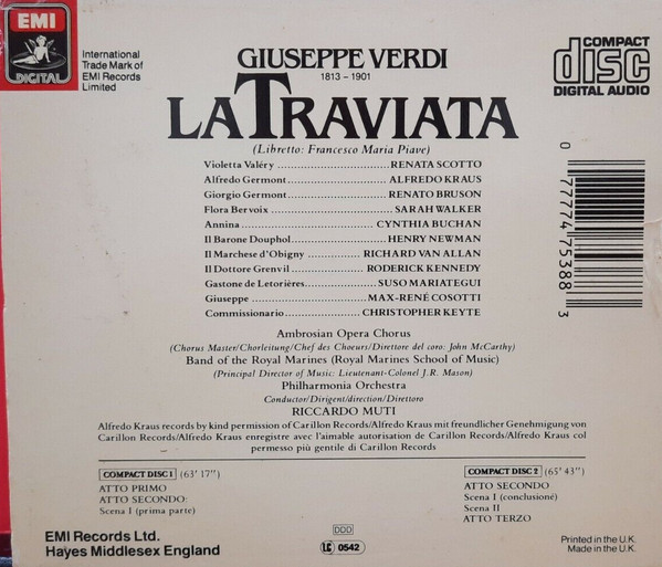 Giuseppe Verdi - Renata Scotto · Alfredo Kraus · Renato Bruson · Philharmonia Orchestra · The Ambrosian Opera Chorus · Riccardo Muti - La Traviata (2xCD, Album, RE + Box, Sli) (Near Mint (NM or M-)) - Image 2